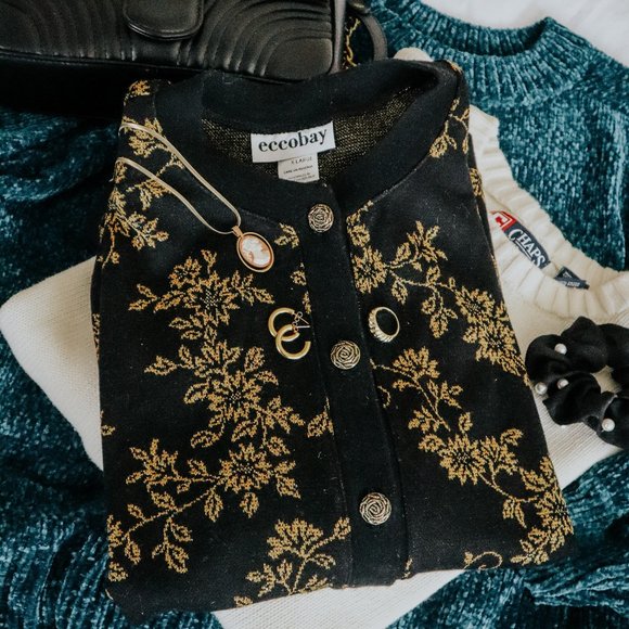 Vintage Black + Gold Floral Cottagecore Cardigan SZ XL - Picture 1 of 14
